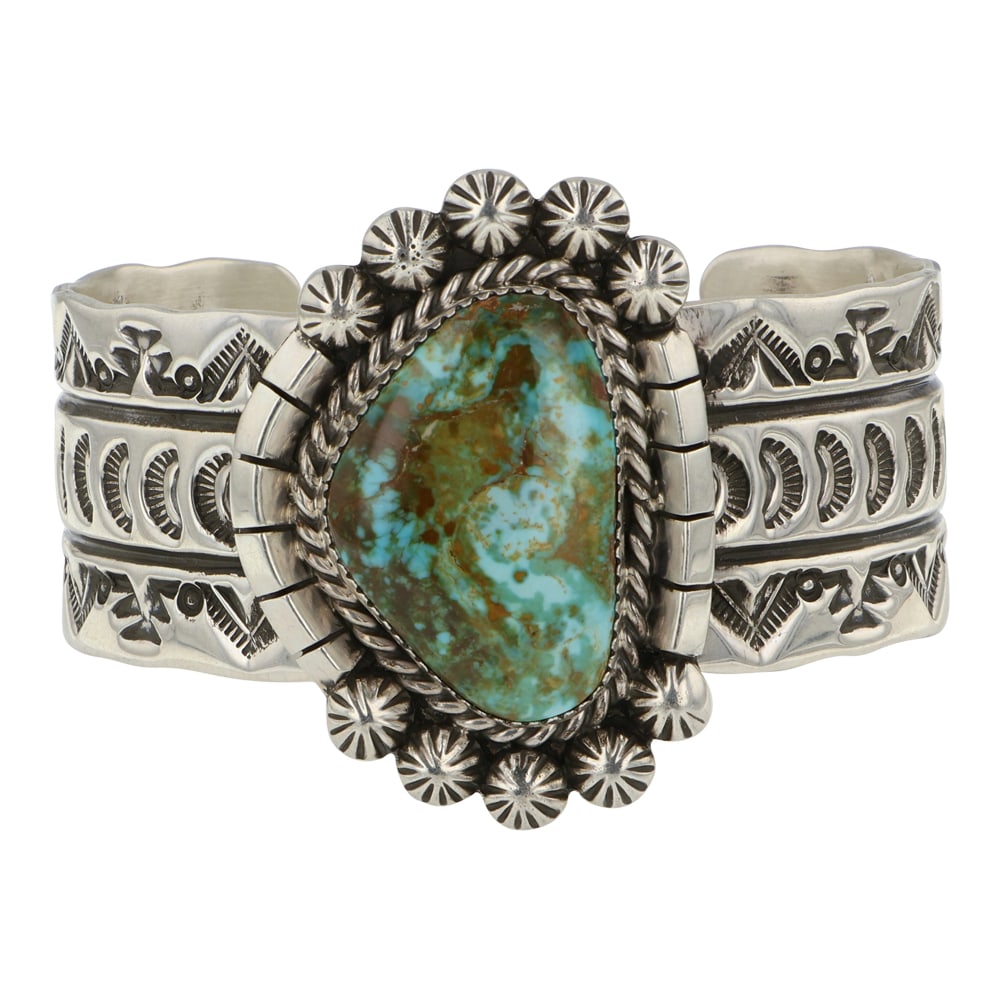 Elroy & Bernadine Chavez Royston Turquoise Cuff Bracelet: Sterling Silver | Genuine Royston Turquoise | Elroy & Bernadine Chavez Royston Turquoise Cuff Bracelet | Navajo Native American Southwest Indian Jewelry | Good (no breaks or damages) | Approximate Wei