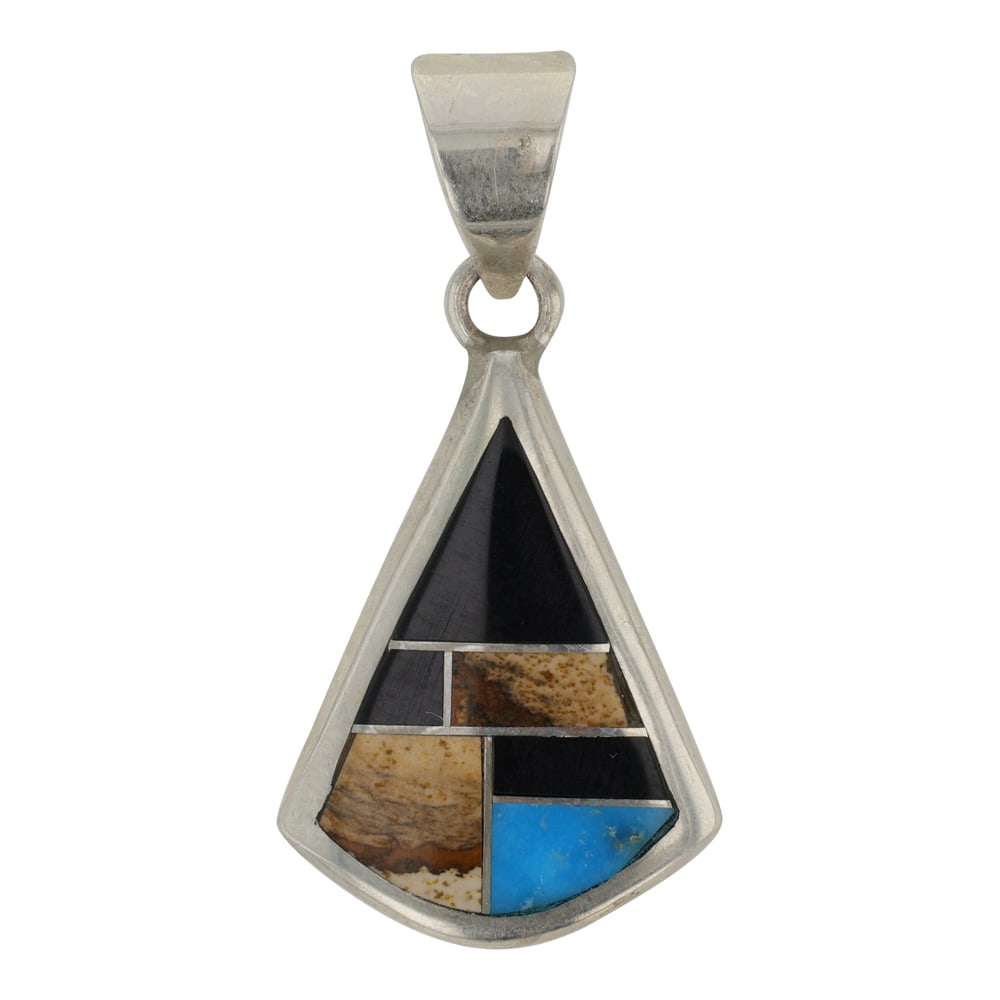 Super smiths Southwest Shop Navajo Turquoise Acoma Jet & Picture Jasper Inlay Pendant: Sterling Silver | Genuine Turquoise, Acoma Jet & Picture Jasper | Super smiths Southwest Shop Navajo Turquoise Acoma Jet & Picture Jasper Inlay Pendant | South West American Artist Jewelry | Good (no