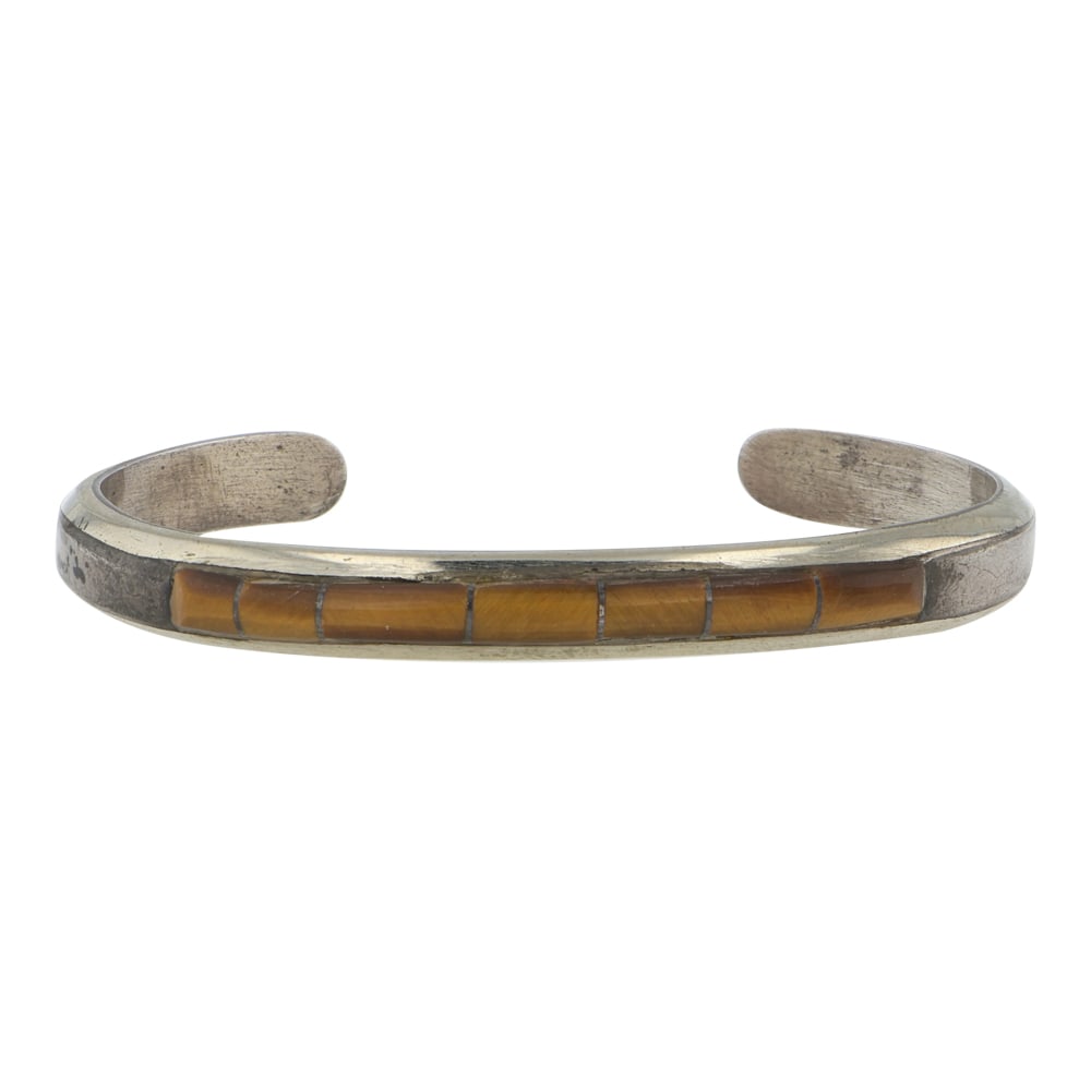 Navajo Tiger's Eye Inlay Cuff Bracelet: Sterling Silver | Genuine Tiger's Eye | Navajo Tiger's Eye Inlay Cuff Bracelet | Navajo Native American Southwest Indian Jewelry | Good (no breaks or damages) | Approximate Weight: 18 Grams | Bracelet