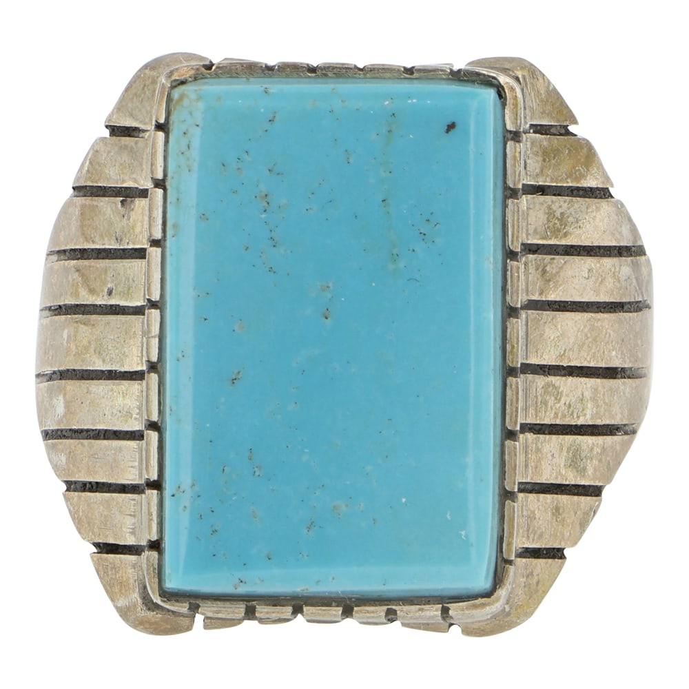 Navajo Compitos Turquoise Men's Ring: Sterling Silver | Genuine Compitos Turquoise | Navajo Compitos Turquoise Men's Ring | Navajo Native American Southwest Indian Jewelry | Good (no breaks or damages) | Approximate Weight: 12 Grams | Rin
