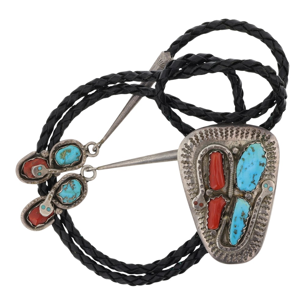Effie Calavaza Zuni (Effie C) Vintage Sleeping Beauty Turquoise & Mediterranean Coral Bolo Tie: Sterling Silver | Genuine Sleeping Beauty Turquoise & Mediterranean Coral | Effie Calavaza Zuni (Effie C) Vintage Sleeping Beauty Turquoise & Mediterranean Coral Bolo Tie | Zuni Native American Southw