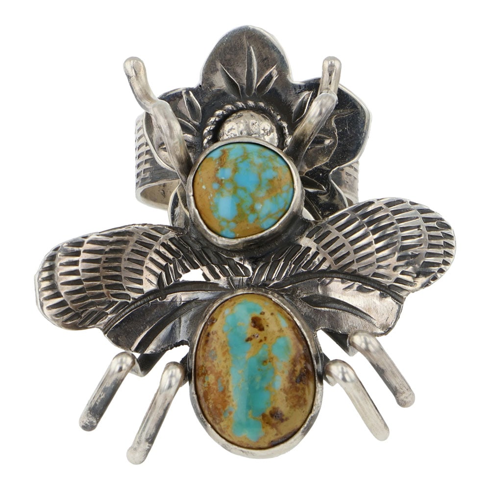 Tawney Willie Navajo & Sioux Tribe Artist Nevada Turquoise Insect Ring: Sterling Silver | Genuine Nevada Turquoise | Tawney Willie Navajo & Sioux Tribe Artist Nevada Turquoise Insect Ring | Navajo / Sioux Native American Southwest Indian Jewelry | Good (no breaks or damag