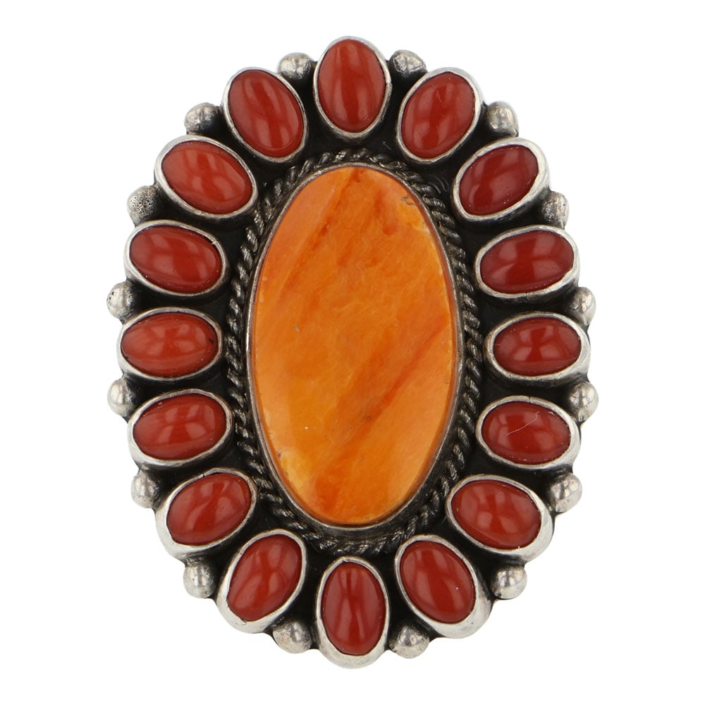 Larose Ganadonegro Navajo Mediterranean Coral & Spiny Oyster Cluster Ring: Sterling Silver | Genuine Mediterranean Coral & Spiny Oyster | Larose Ganadonegro Navajo Mediterranean Coral & Spiny Oyster Cluster Ring | Navajo Native American Southwest Indian Jewelry | Good (no br