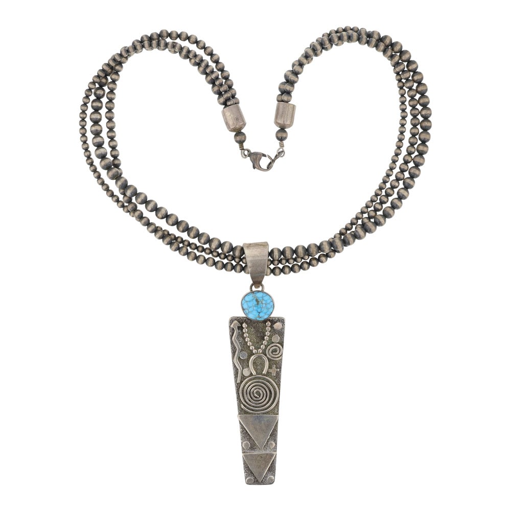 Alex Sanchez Navajo Candelaria Turquoise Petroglyph Pendant on Three Strand Oxidized Beads Necklace: Sterling Silver | Genuine Candelaria Turquoise | Alex Sanchez Navajo Candelaria Turquoise Petroglyph Pendant on Three Strand Oxidized Beads Necklace | Navajo Native American Southwest Indian Jewelry |