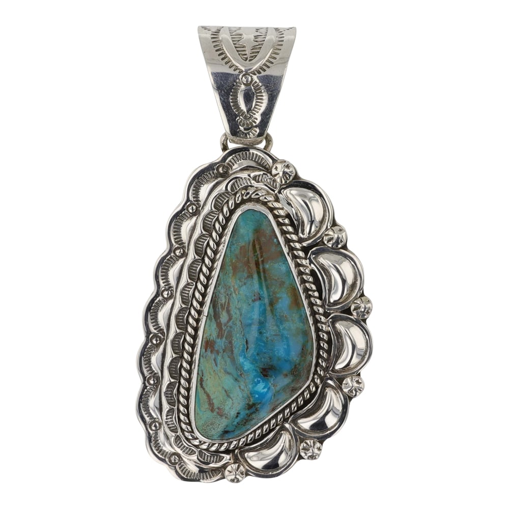 John Nelson Navajo Nevada Turquoise Pendant: Sterling Silver | Genuine Nevada Turquoise | John Nelson Navajo Nevada Turquoise Pendant | Navajo Native American Southwest Indian Jewelry | Good (no breaks or damages) | Approximate Weight: 36 Grams 