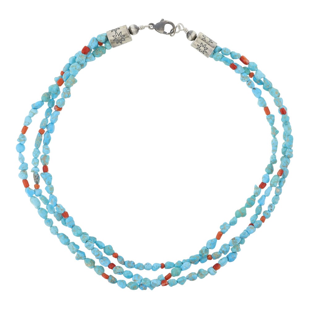 Navajo Kingman Turquoise & Mediterranean Coral Three Strand Necklace: Sterling Silver | Genuine Kingman Turquoise | Navajo Kingman Turquoise & Mediterranean Coral Three Strand Necklace | Navajo Native American Southwest Indian Jewelry | Good (no breaks or damages) | App