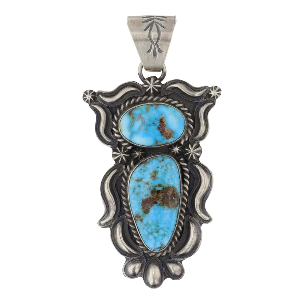 Ray Delgarito Navajo Blue Ridge Turquoise Bump Out Pendant: Sterling Silver | Genuine Blue Ridge Turquoise | Ray Delgarito Navajo Blue Ridge Turquoise Bump Out Pendant | Navajo Native American Southwest Indian Jewelry | Good (no breaks or damages) | Approximat