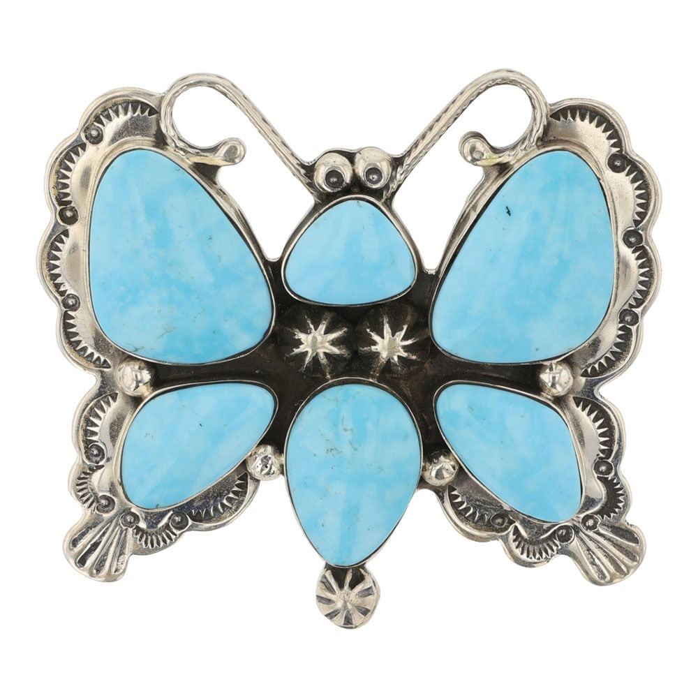 RB Navajo Kingman Turquoise Butterfly Pendant: Sterling Silver | Genuine Kingman Turquoise | RB Navajo Kingman Turquoise Butterfly Pendant | Navajo Native American Southwest Indian Jewelry | Good (no breaks or damages) | Approximate Weight: 26 Gra