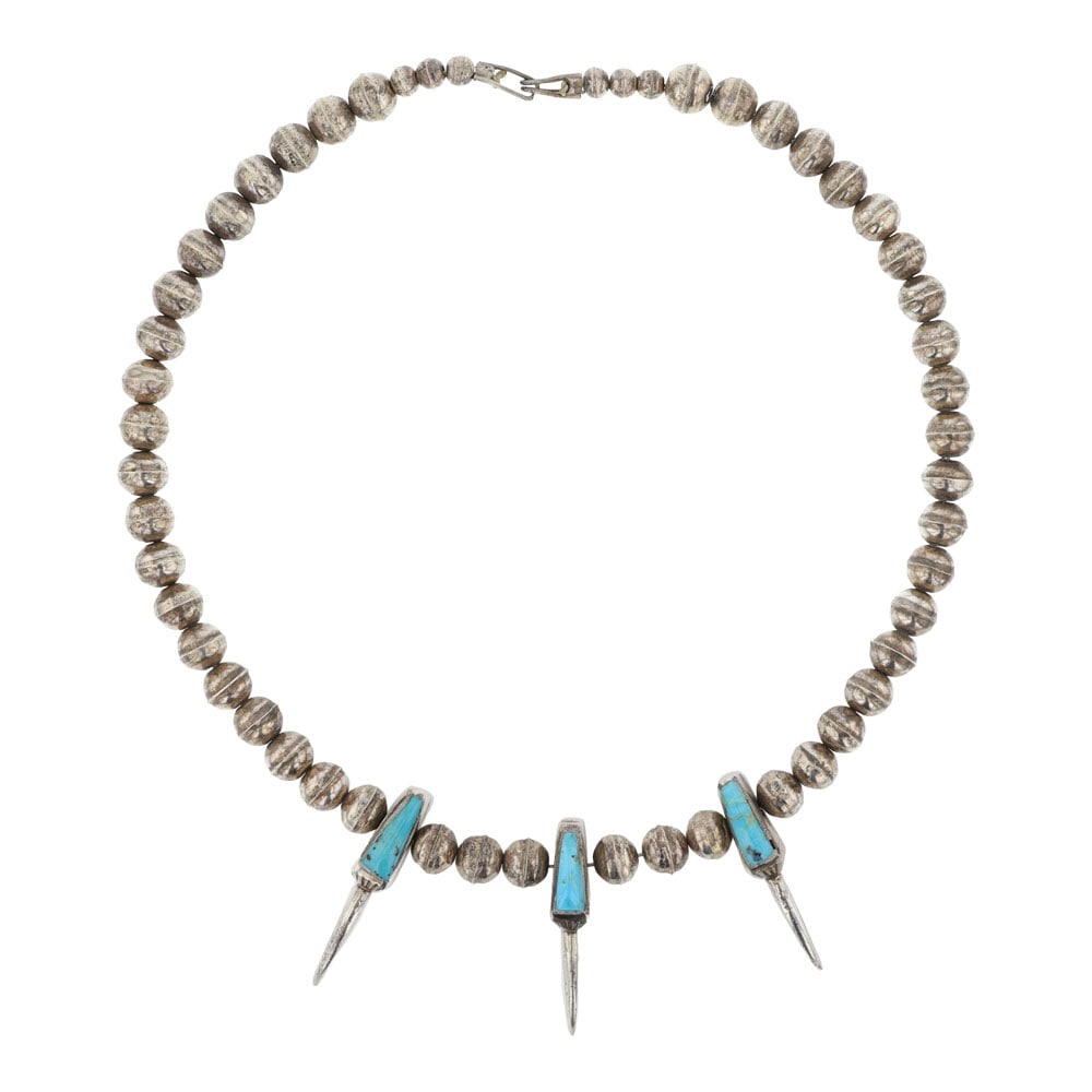Vintage Navajo Turquoise Inlay & Bench Beads Necklace: Sterling Silver | Genuine Turquoise | Vintage Navajo Turquoise Inlay & Bench Beads Necklace | Navajo Native American Southwest Indian Jewelry | Good (no breaks or damages) | Approximate Weight: 36 Gra