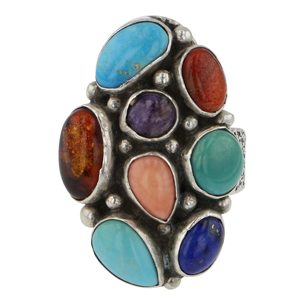 Robert Shakey Navajo Turquoise Coral Amber Lapis & Charoite Ring: Sterling Silver | Gneuine Turquoise, Coral, Amber, Lapis & Charoite | Robert Shakey Navajo Turquoise Coral Amber Lapis & Charoite Ring | Navajo Native American Southwest Indian Jewelry | Good (no brea