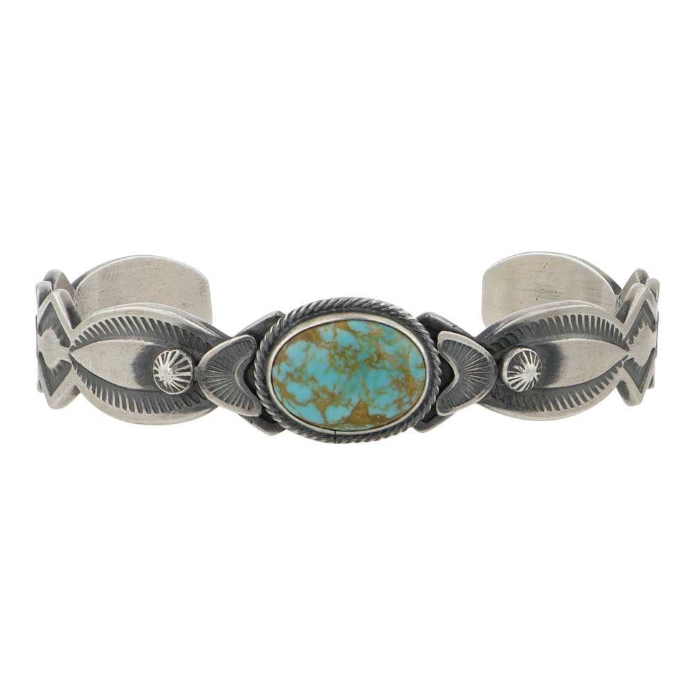 Navajo Menassa Turquoise Stamp-Work Cuff Bracelet: Sterling Silver | Genuine Menassa Turquoise | Navajo Menassa Turquoise Stamp-Work Cuff Bracelet | Navajo Native American Southwest Indian Jewelry | Good (no breaks or damages) | Approximate Weight: 29