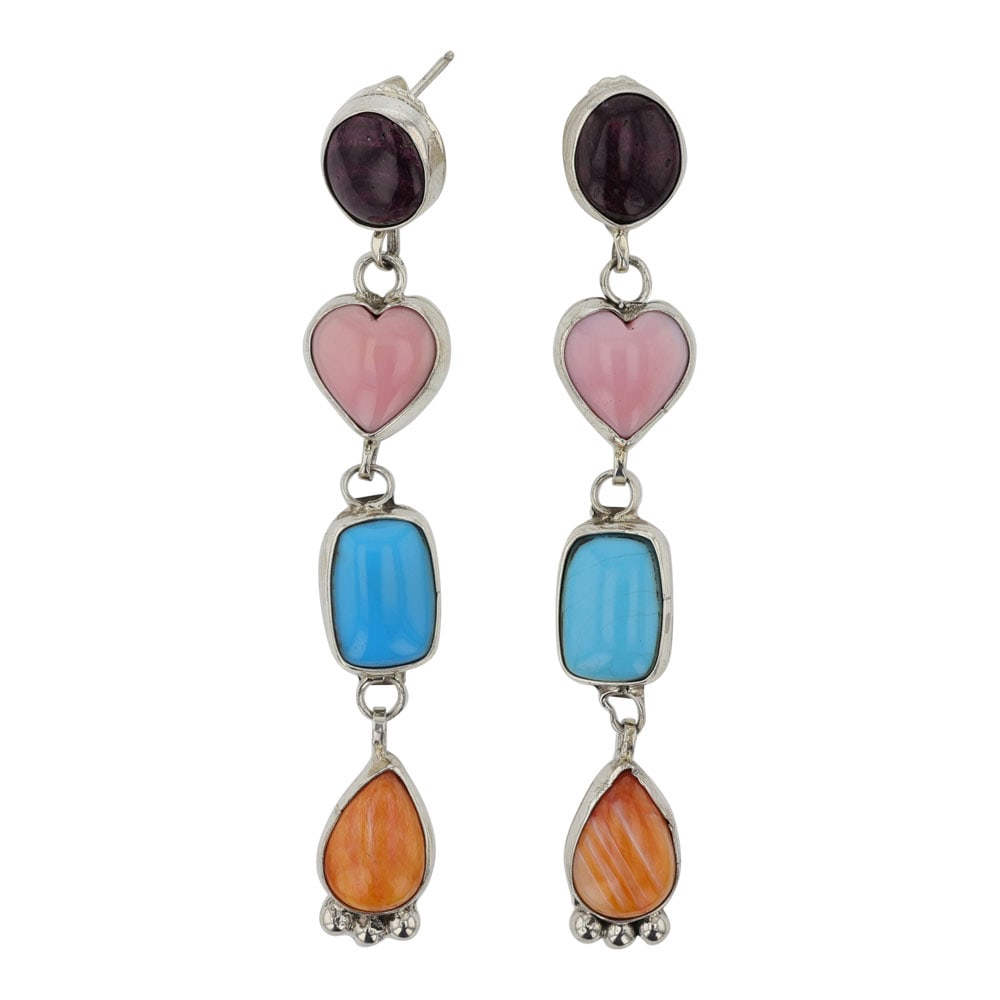 Juanita McDonald Turquoise Spiny Oyster & Pink Conch Earrings: Sterling Silver | Genuine Turquoise, Spiny Oyster & Pink Conch Earrings | Juanita McDonald Turquoise Spiny Oyster & Pink Conch Earrings | Navajo Native American Southwest Indian Jewelry | Good (no bre