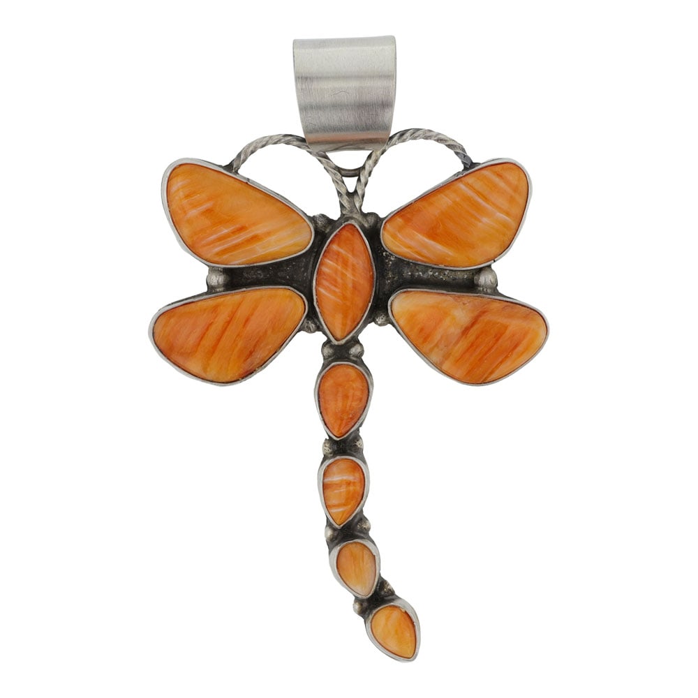 Joe Tso Navajo Spiny Oyster Dragonfly Pendant: Sterling Silver | Genine Spiny Oyster | Joe Tso Navajo Spiny Oyster Dragonfly Pendant | Navajo Native American Southwest Indian Jewelry | Good (no breaks or damages) | Approximate Weight: 16 Grams | P