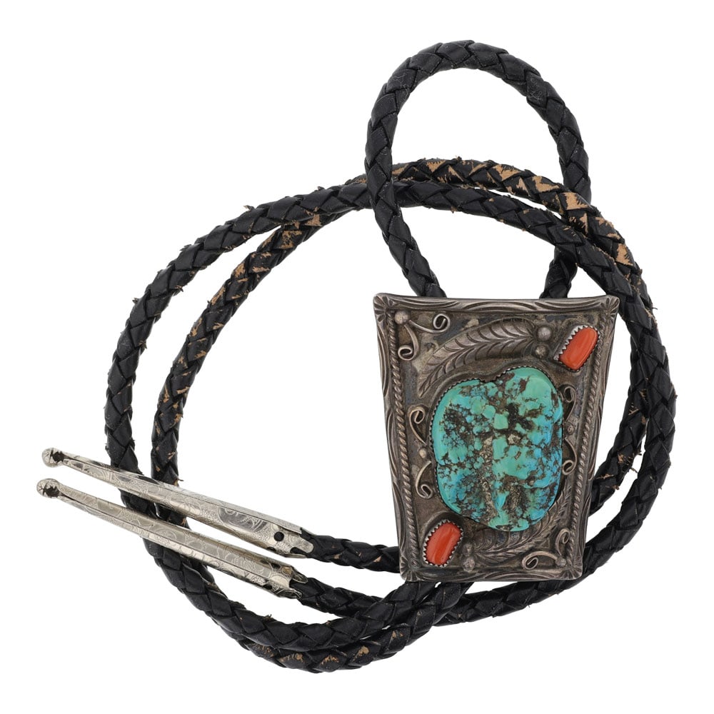 Vintage Navajo Turquoise & Coral Bolo Tie: Sterling Silver | Genuine Turquoise & Coral | Vintage Navajo Turquoise & Coral Bolo Tie | Navajo Native American Southwest Indian Jewelry | Good (no breaks or damages) | Approximate Weight: 53 Grams |