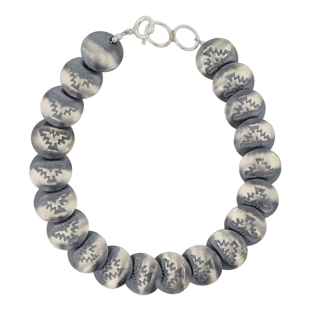 Navajo Stamp-Work Pillow Beads Bracelet: Sterling Silver | | Navajo Stamp-Work Pillow Beads Bracelet | Navajo Native American Southwest Indian Jewelry | Good (no breaks or damages) | Approximate Weight: 21 Grams | Bracelet: 8" length, .5" fa