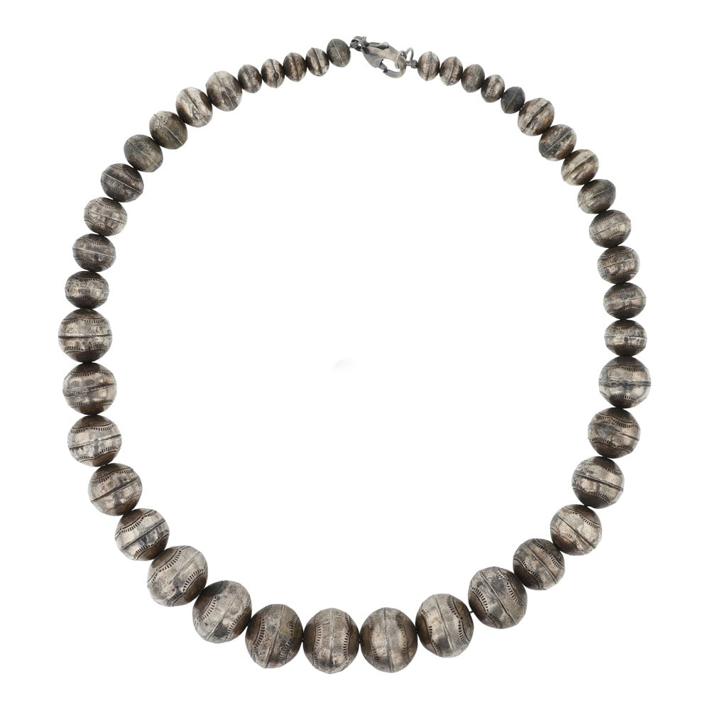 Vintage Navjao Graduated Stamp-Work Bench Beads Necklace: Sterling Silver | | Vintage Navjao Graduated Stamp-Work Bench Beads Necklace | Navajo Native American Southwest Indian Jewelry | Good (no breaks or damages) | Approximate Weight: 58 Grams | Necklace: 