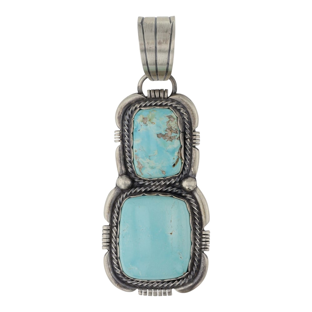 Jackson Hoskie Navajo Lone Mountain Turquoise Two Stone Pendant: Sterling Silver | Genuine Lone Mountain Turquoise | Jackson Hoskie Navajo Lone Mountain Turquoise Two Stone Pendant | Navajo Native American Southwest Indian Jewelry | Good (no breaks or damages) | Ap
