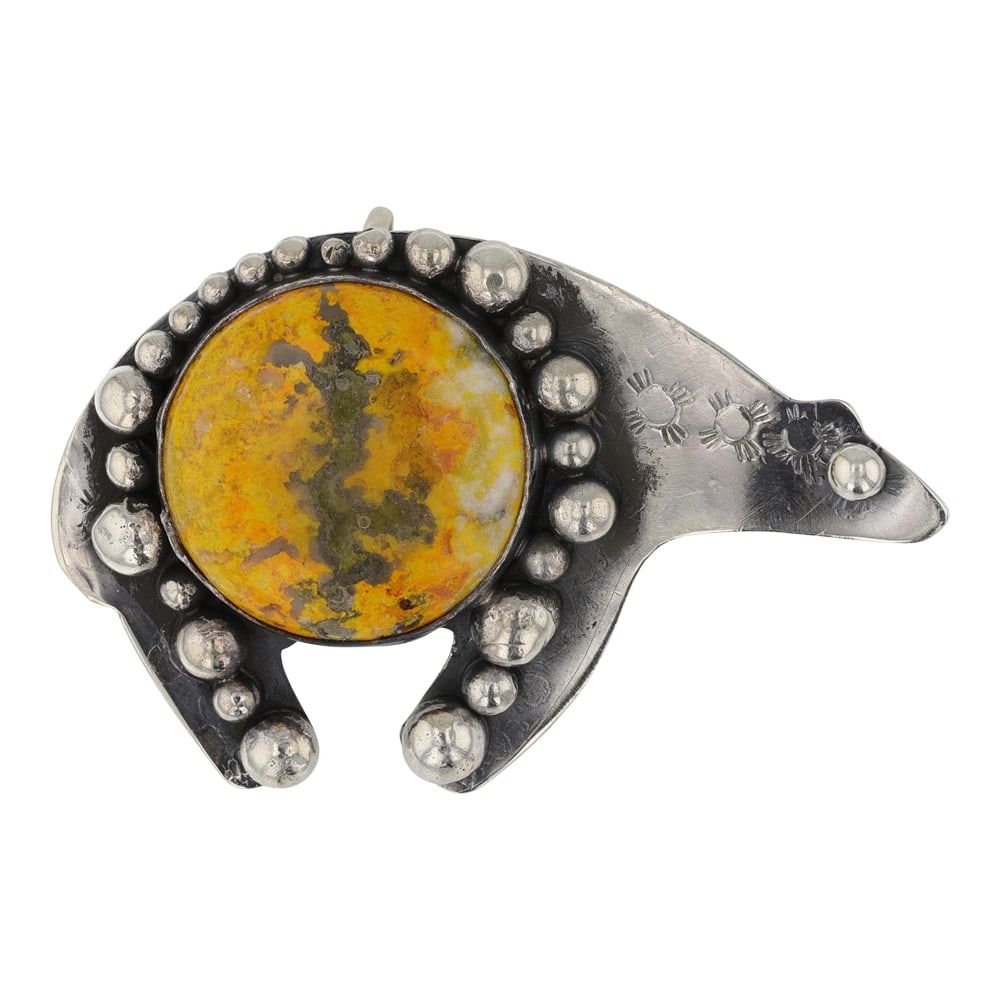 Tawney Willie Navajo & Sioux Tribe Artist Bumble Bee Jasper Bear Pin / Pendant: Sterling Silver | Genuine Bumble Bee Jasper | Tawney Willie Navajo & Sioux Tribe Artist Bumble Bee Jasper Bear Pin / Pendant | Navajo / Sioux Native American Southwest Indian Jewelry | Good (no breaks