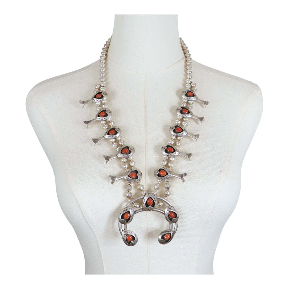 Feline Naranjo Tewa Navjao Mediterranean Coral Shadowbox Squash Blossom Necklace (1 of 4)