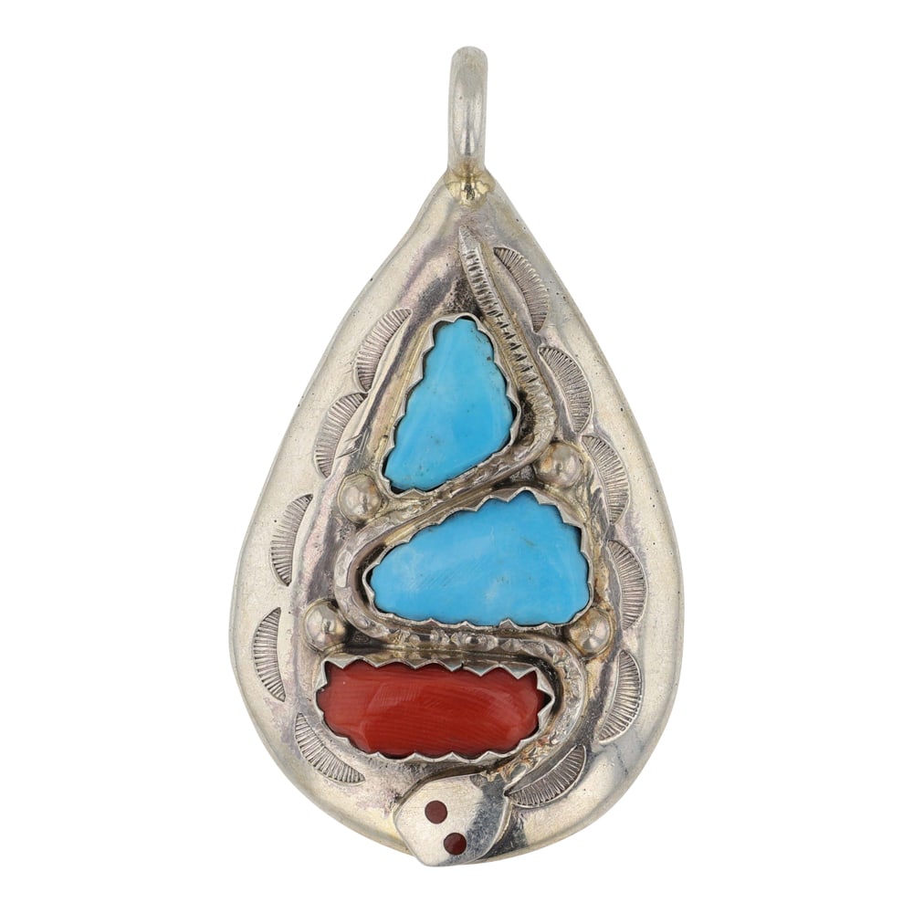 Effie Calavaza ( Effie C.) Zuni Turquoise & Coral Snake Pendant: Sterling Silver | Genuine Turquoise & Coral | Effie Calavaza ( Effie C.) Zuni Turquoise & Coral Snake Pendant | Zuni Native American Southwest Indian Jewelry | Good (no breaks or damages) | Approximat
