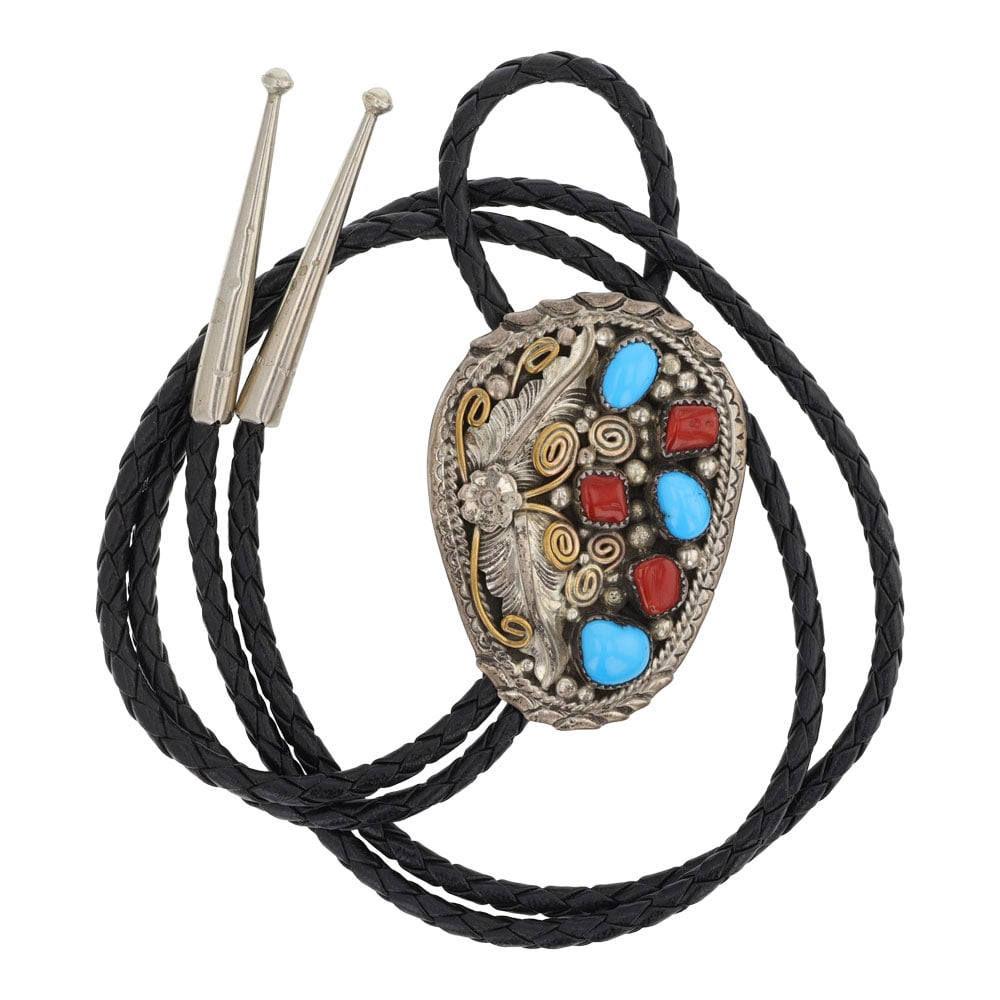 Vintage Navajo Sterling Silver & Gold Filled Turquoise & Coral Bolo Tie: Sterling Silver | Genine Turquoise & Coral | Vintage Navajo Sterling Silver & Gold Filled Turquoise & Coral Bolo Tie | Navajo Native American Southwest Indian Jewelry | Good (no breaks or damages) | A