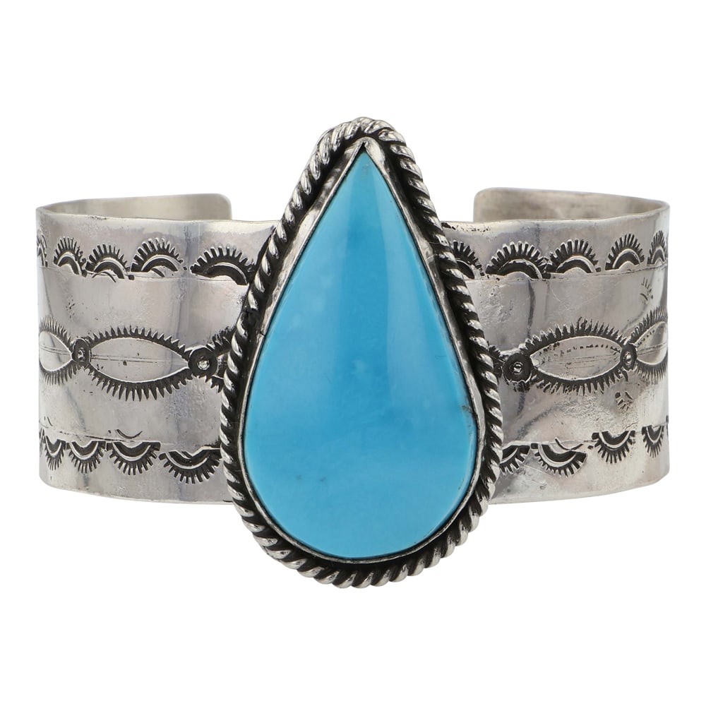Gilbert Nez Navajo Campitos Turquoise Cuff Bracelet: Sterling Silver | Genuine Campitos Turquoise | Gilbert Nez Navajo Campitos Turquoise Cuff Bracelet | Navajo Native American Southwest Indian Jewelry | Good (no breaks or damages) | Approximate Weight: