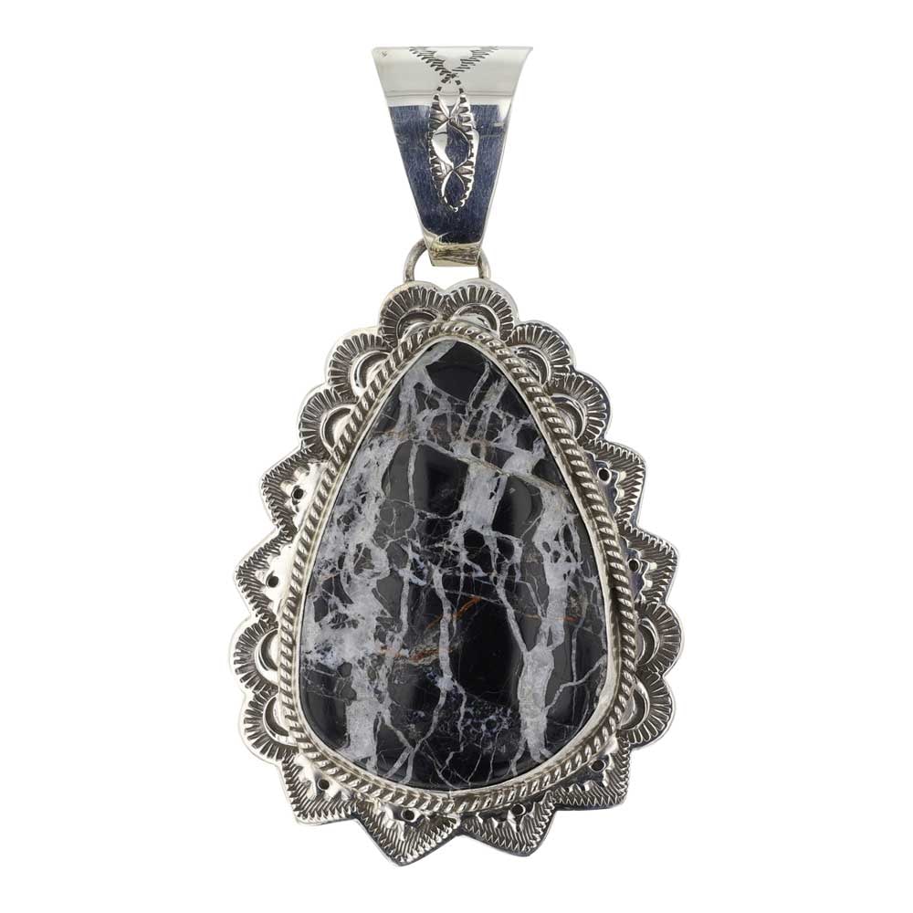 Eula Wyllie Navjao White Buffalo Stamp-Work Pendant: Sterling Silver | Genuine White Buffalo | Eula Wyllie Navjao White Buffalo Stamp-Work Pendant | Navajo Native American Southwest Indian Jewelry | Good (no breaks or damages) | Approximate Weight: 23 G