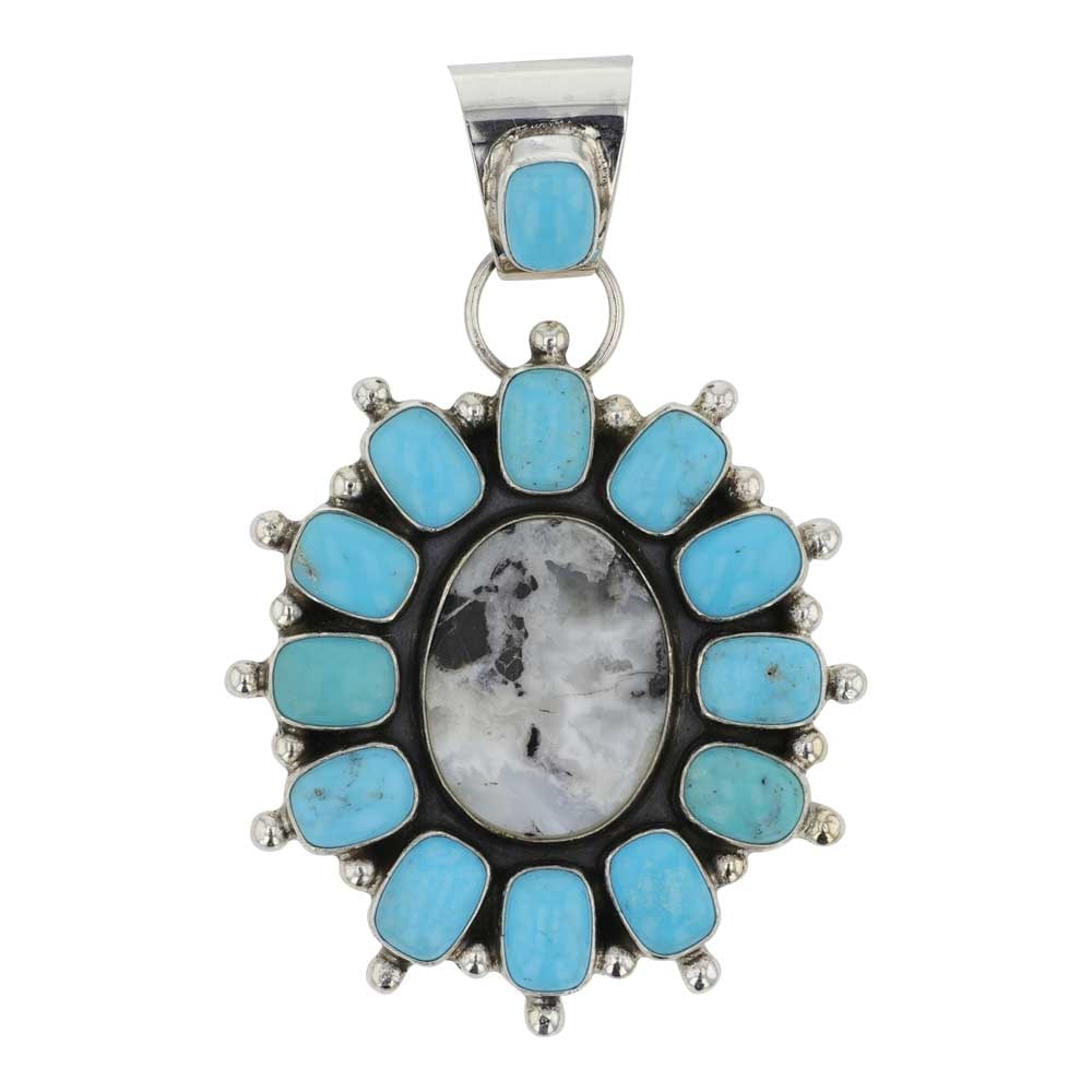 Lenora Begay Navajo Kingman Turquoise & White Buffalo Cluster Pendant: Sterling Silver | Genuine Kingman Turquoise & White Buffalo | Lenora Begay Navajo Kingman Turquoise & White Buffalo Cluster Pendant | Navajo Native American Southwest Indian Jewelry | Good (no breaks 