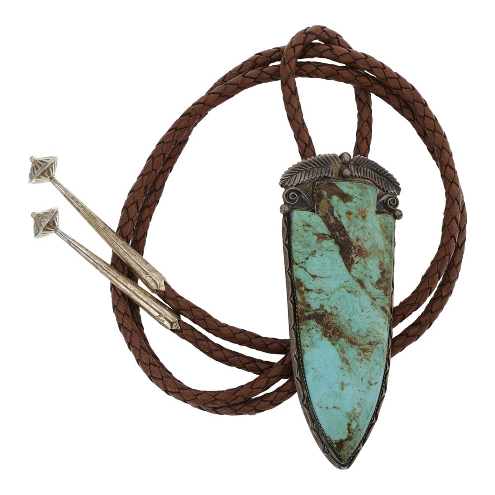 Vintage Navajo Nevada Turquoise Large Arrowhead Bolo Tie: Sterling Silver | Genuine Nevada Turquoise | Vintage Navajo Nevada Turquoise Large Arrowhead Bolo Tie | Navajo Native American Southwest Indian Jewelry | Good (no breaks or damages) | Approximate Weig