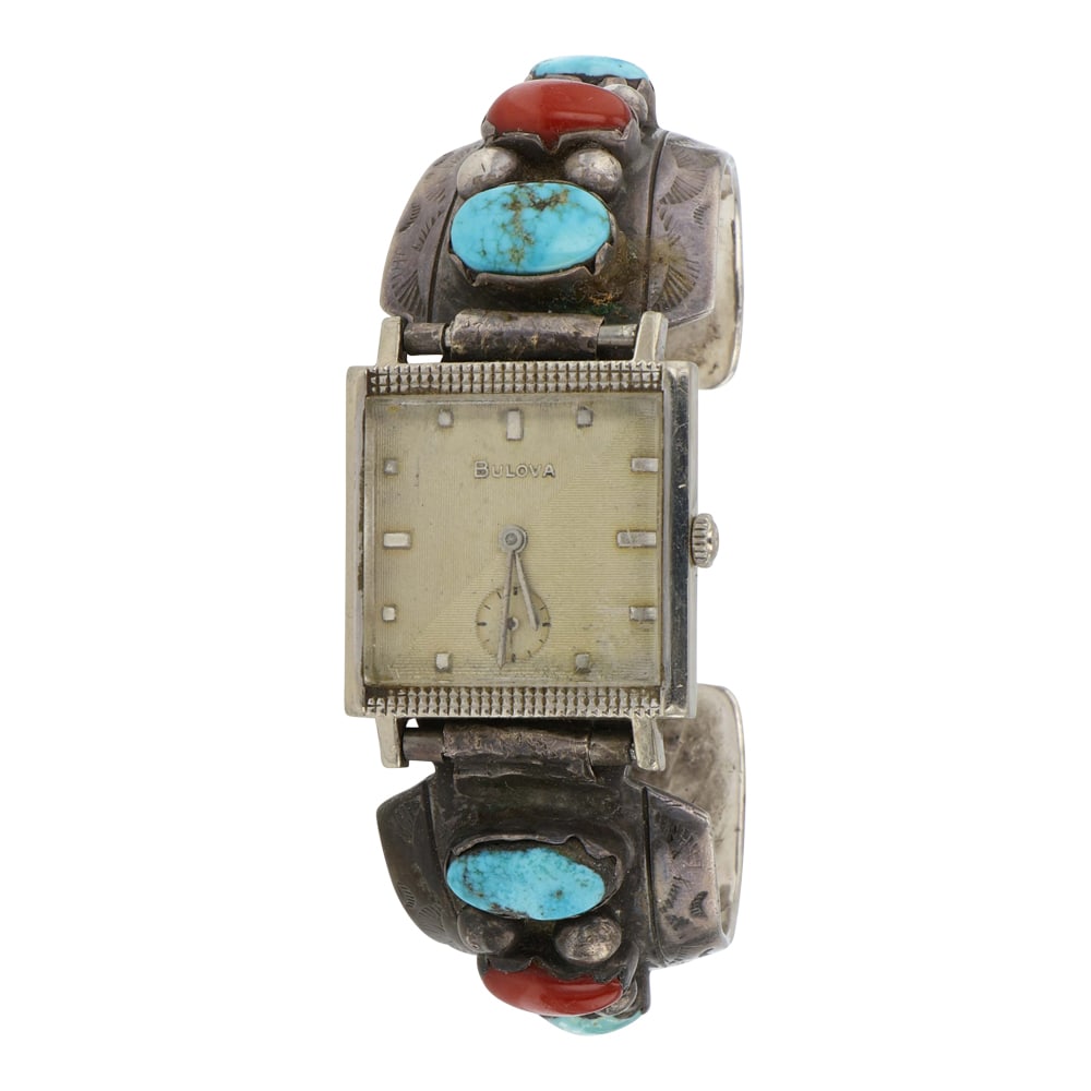 Vintage Navajo Turquoise & Coral Watch bracelet: Sterling Silver | Genuine Turquoise & Coral | Vintage Navajo Turquoise & Coral Watch bracelet | Navajo Native American Southwest Indian Jewelry | Good (no breaks or damages) | Approximate Weight: 66 G