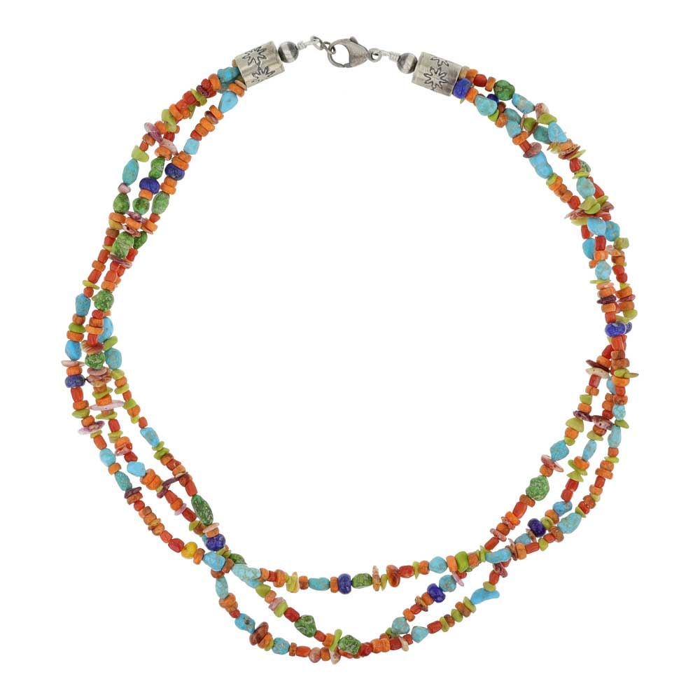 Navajo Turquoise Coral Lapis & Spiny Oyster Multicolor Three Strand beads Neckalce: Sterling Silver | Genuine Turquoise, Coral, Lapis & Spiny Oyster | Navajo Turquoise Coral Lapis & Spiny Oyster Multicolor Three Strand beads Neckalce | Navajo Native American Southwest Indian Jewelry 