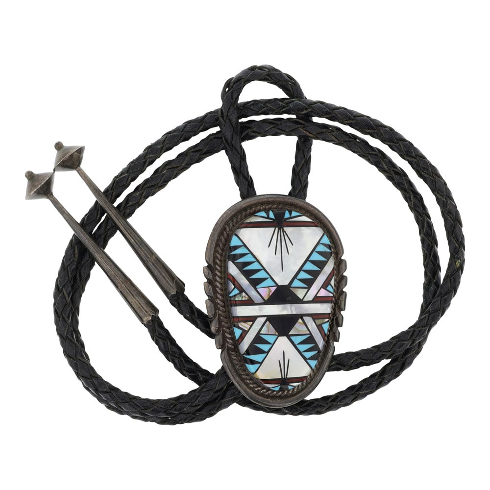 Vintage Zuni Turquoise Coral Acoma Jet & Mother of Pearl Inlay Bolo Tie (1 of 3)