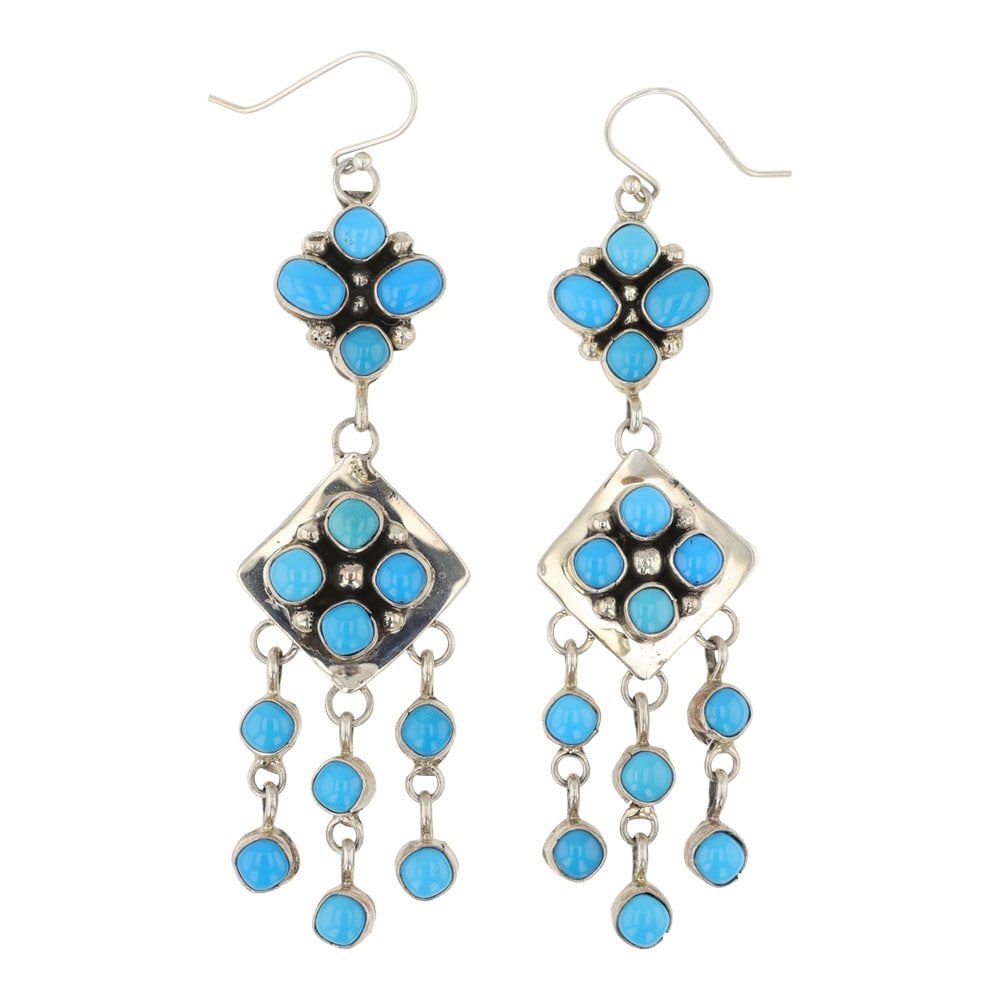 Eleanor Largo (1953-2021) Navajo Sleeping Beauty Turquoise Chandelier Earrings: Sterling Silver | Genuine Sleeping Beauty Turquoise | Eleanor Largo (1953-2021) Navajo Sleeping Beauty Turquoise Chandelier Earrings | Navajo Native American Southwest Indian Jewelry | Good (no breaks
