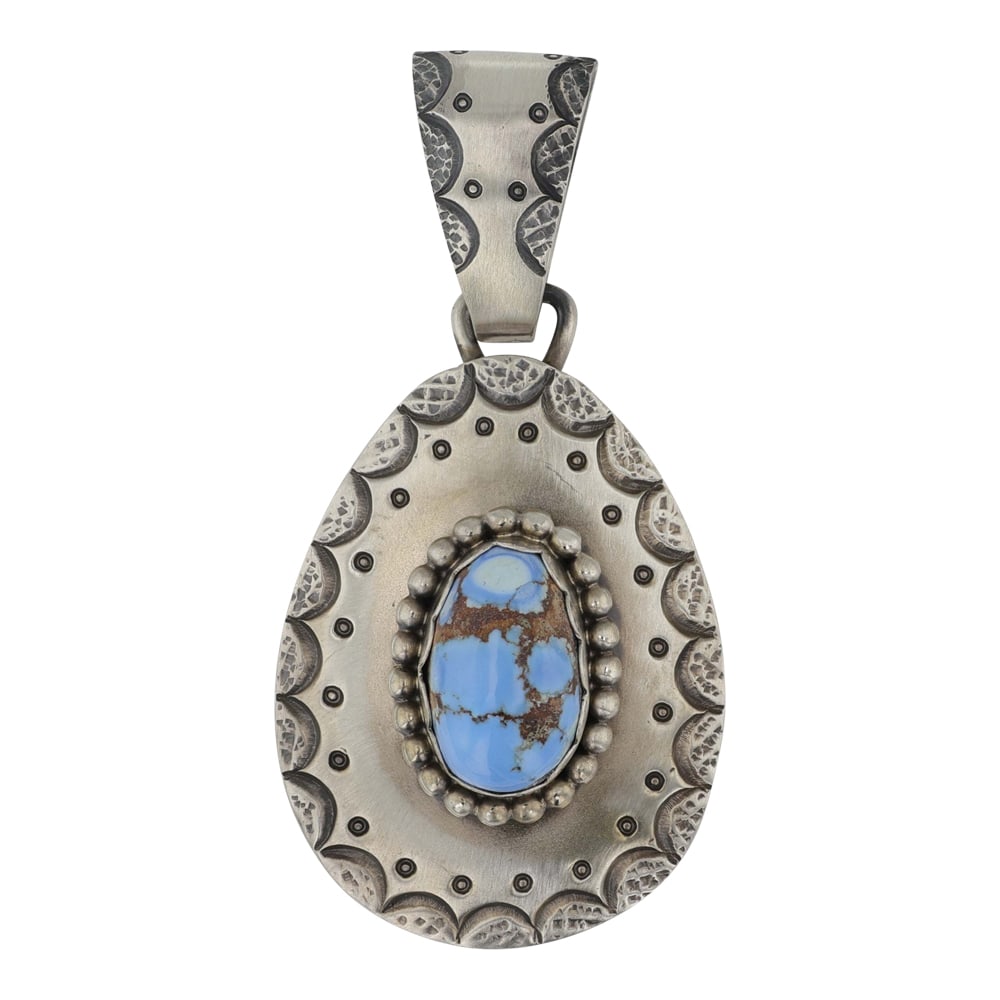 Mark Yazzie Navjao Golden Hills Turquoise Intricate Pendant: Sterling Silver | Genuine Golden Hills Turquoise | Mark Yazzie Navjao Golden Hills Turquoise Intricate Pendant | Navajo Native American Southwest Indian Jewelry | Good (no breaks or damages) | Approxi