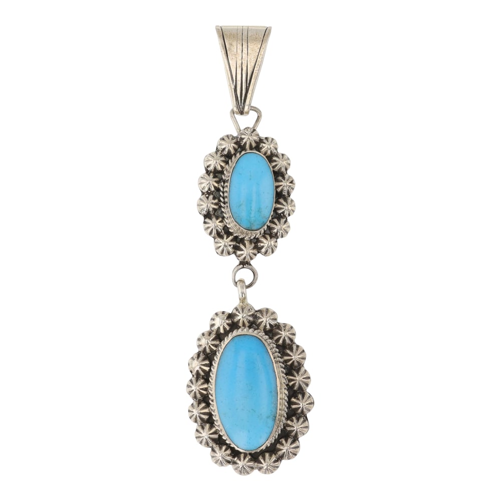 RB Navajo Campitos Turquoise Two Stone Pendant: Sterling Silver | Genuine Campitos Turquoise | RB Navajo Campitos Turquoise Two Stone Pendant | Navajo Native American Southwest Indian Jewelry | Good (no breaks or damages) | Approximate Weight: 22 G