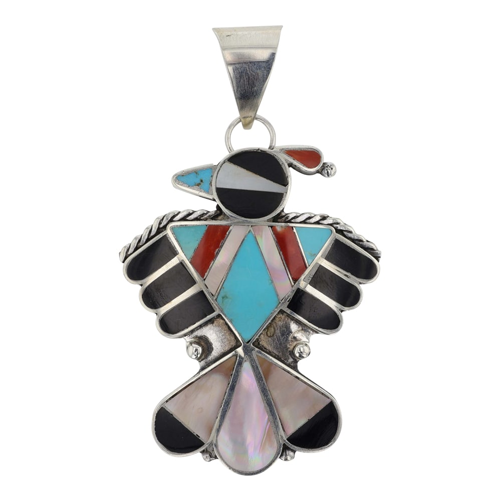 Zuni Turquoise Coral Acoma Jet & Mother of Pearl Inlay Pendant: Sterling Silver | Genuine Turquoise, Coral, Acoma Jet & Mother of Pearl | Zuni Turquoise Coral Acoma Jet & Mother of Pearl Inlay Pendant | Zuni Native American Southwest Indian Jewelry | Good (no brea
