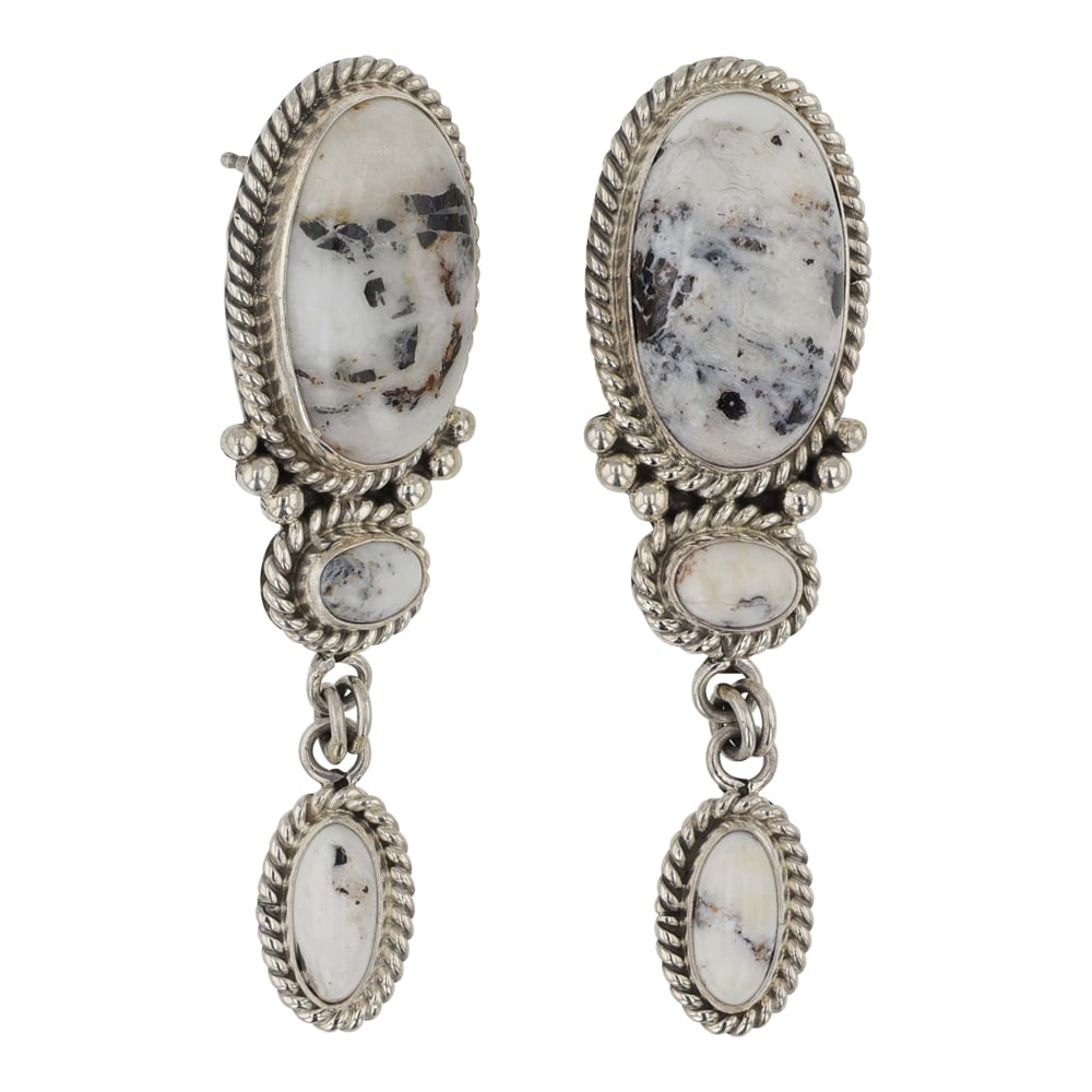 Carol Wylie Navajo White Buffalo Earrings: Sterling Silver | Genuine White Buffalo | Carol Wylie Navajo White Buffalo Earrings | Navajo Native American Southwest Indian Jewelry | Good (no breaks or damages) | Approximate Weight: 14 Grams | Ear