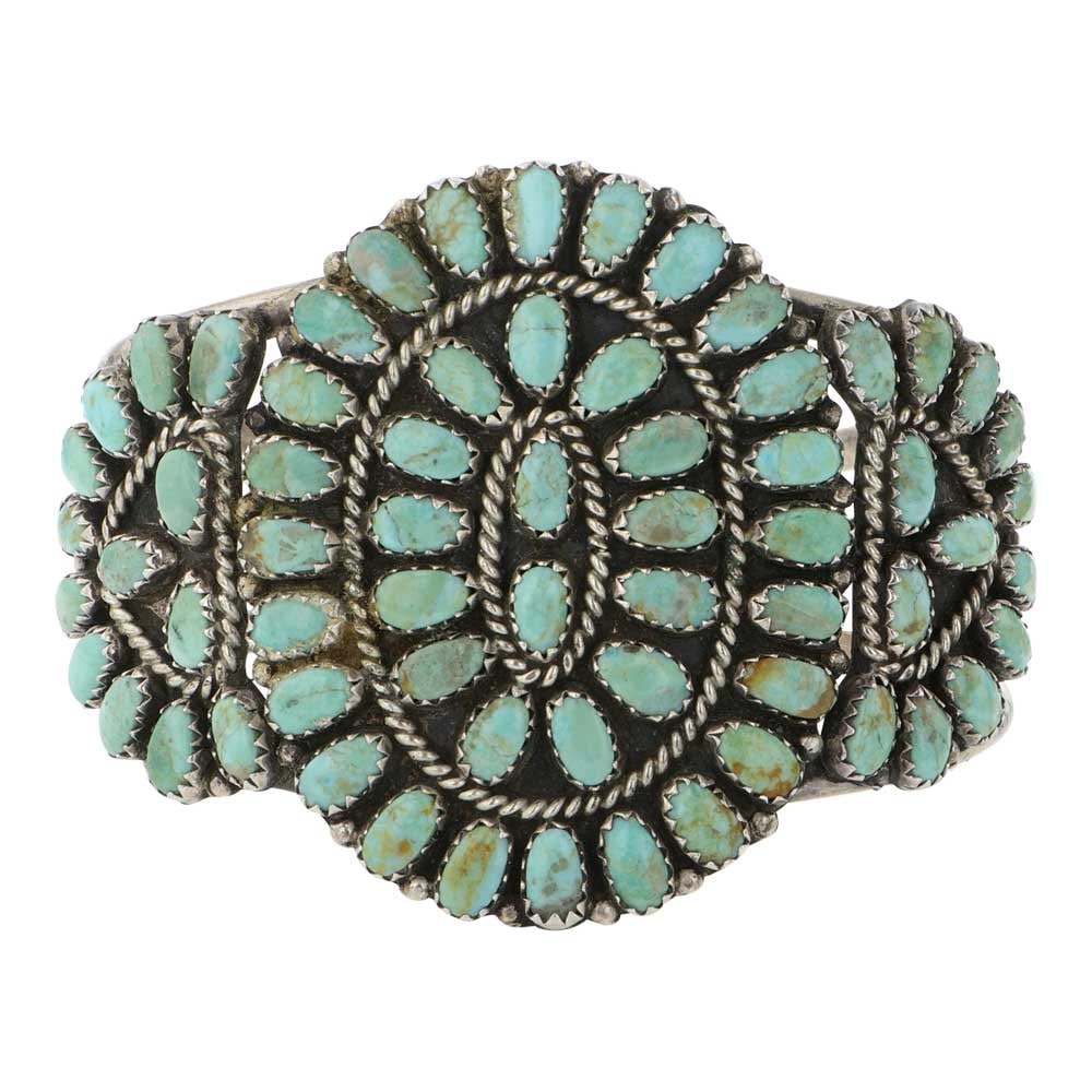 Larry Moses Begay Navjao Kingman Tuqrosie Cluister Bracelet: Sterling Silver | Genuine Kingman Turquoise | Larry Moses Begay Navjao Kingman Tuqrosie Cluister Bracelet | Navajo Native American Southwest Indian Jewelry | Good (no breaks or damages) | Approximate 