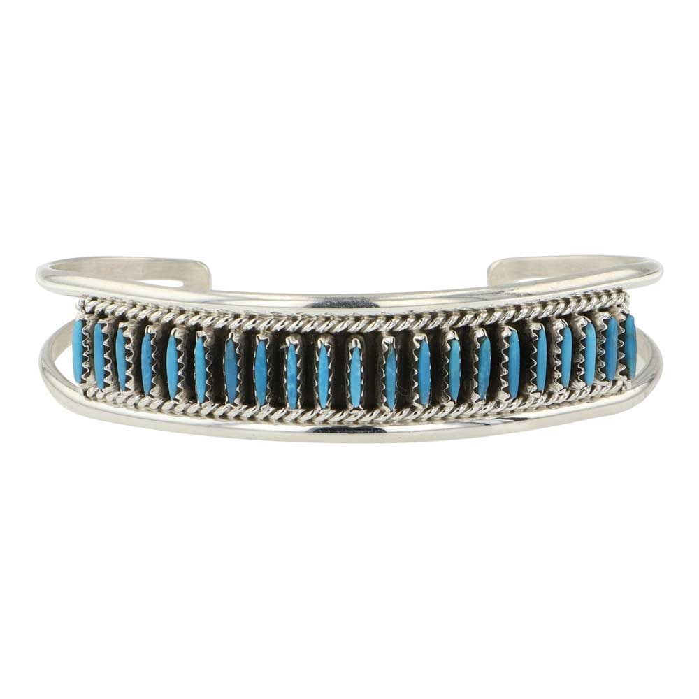 Zuni Turquosei Needlepiont Cuff Bracelet: Sterling Silver | Genuine Turquoise | Zuni Turquosei Needlepiont Cuff Bracelet | Zuni Native American Southwest Indian Jewelry | Good (no breaks or damages) | Approximate Weight: 18Grams | Bracelet: 5