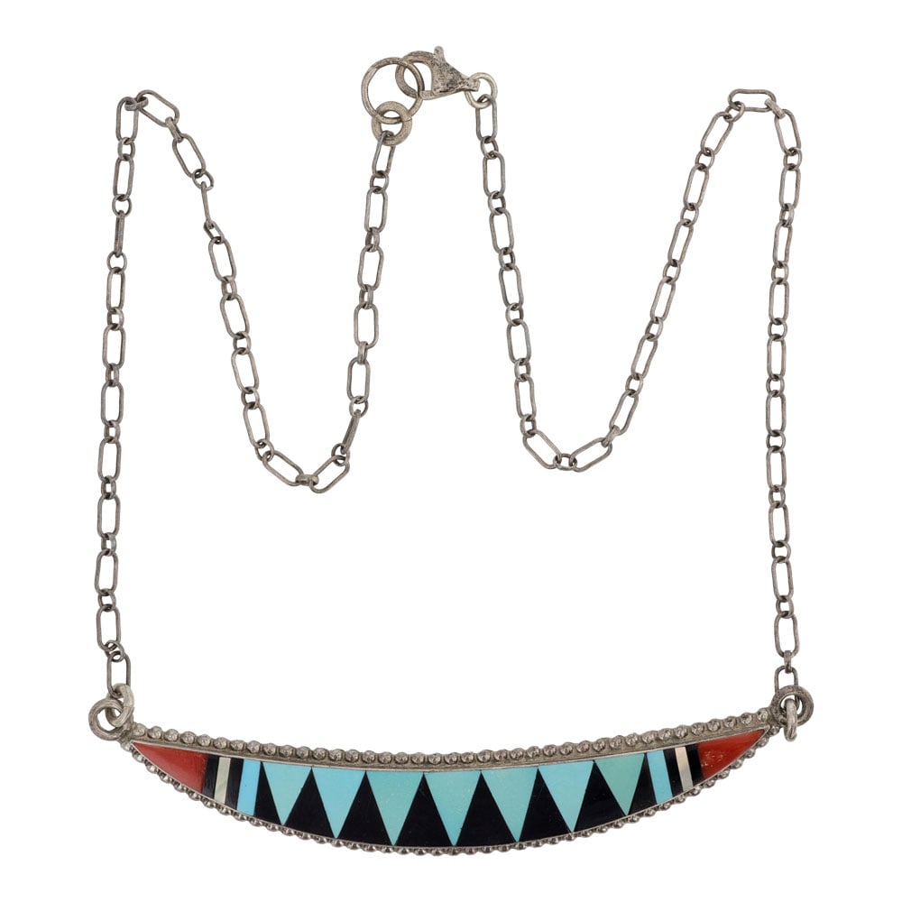 Vintage Zuni Turquoise Coral & Acoma Jet Inlay Bar Necklace: Sterling Silver | Genuine Turquoise & Coral | Vintage Zuni Turquoise Coral & Acoma Jet Inlay Bar Necklace | Zuni Native American Southwest Indian Jewelry | Good (no breaks or damages) | Approximate We