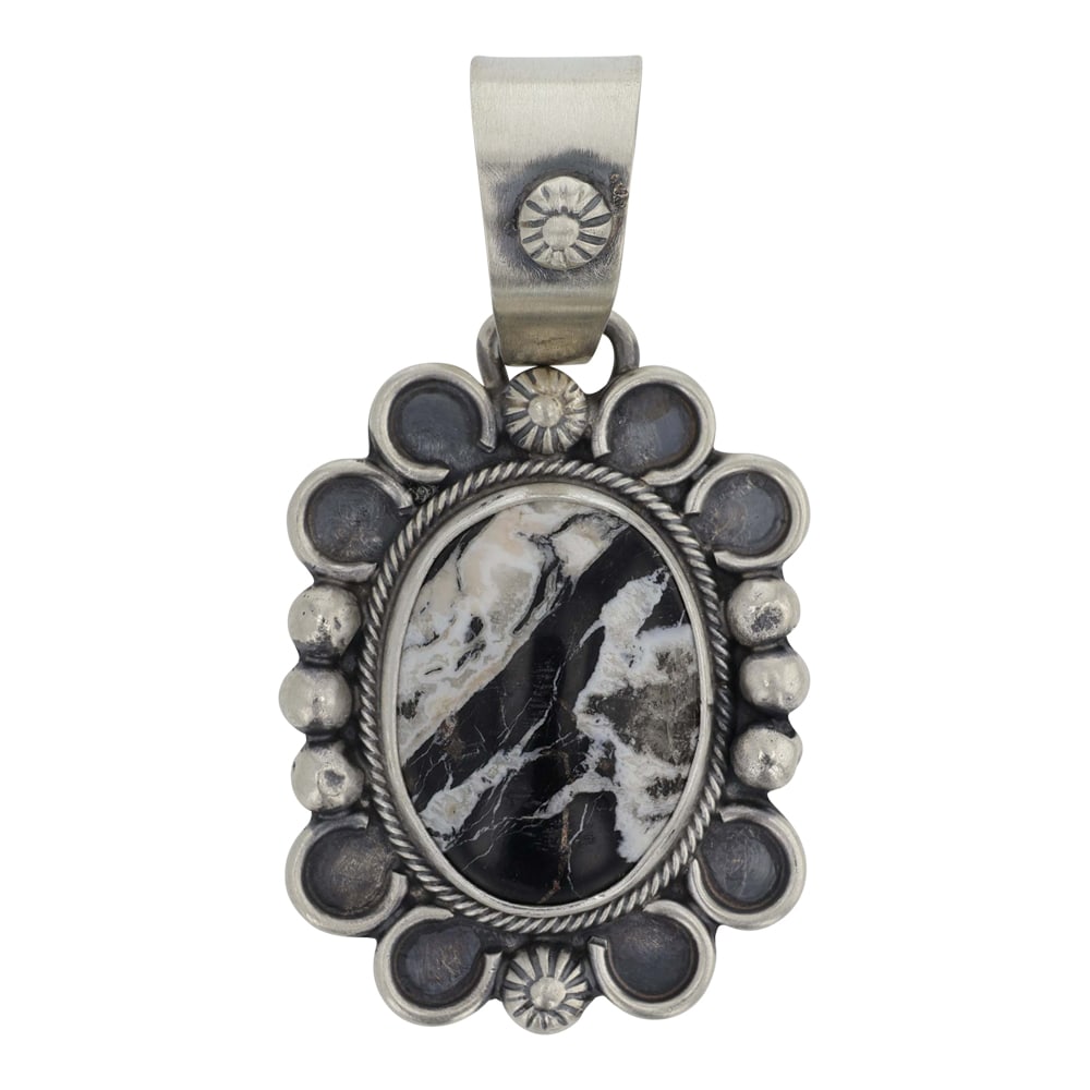 Aaron Robertson Navajo White Buffalo Pendant: Sterling Silver | Genuine White Buffalo | Aaron Robertson Navajo White Buffalo Pendant | Navajo Native American Southwest Indian Jewelry | Good (no breaks or damages) | Approximate Weight: 12 Grams | 