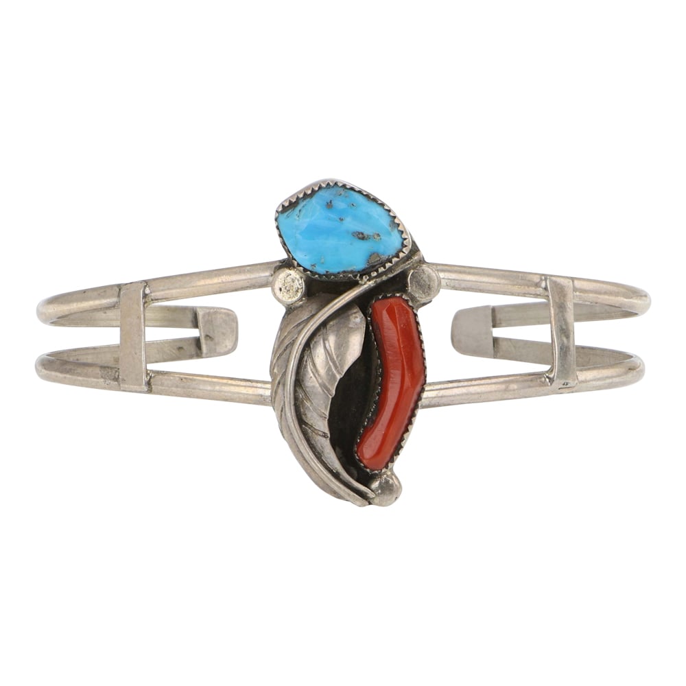 Vintage Navajo Turquoise & Coral Bracelet: Sterling Silver | Genuine Turquoise & Coral | Vintage Navajo Turquoise & Coral Bracelet | Navajo Native American Southwest Indian Jewelry | Good (no breaks or damages) | Approximate Weight: 13 Grams |