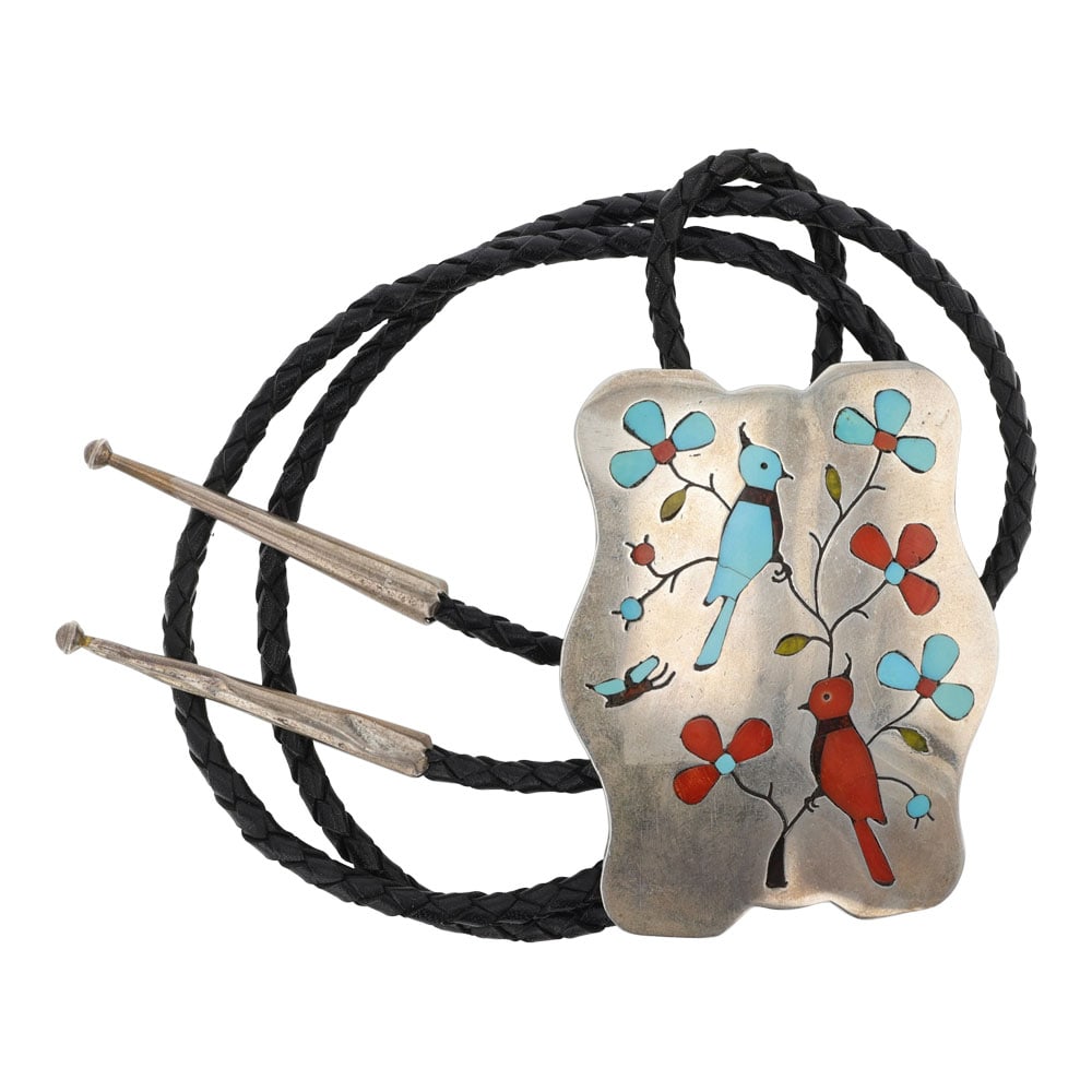 Randolph & Margie Ghahate Vintage Zuni Turquoise & Coral Birds Inlay Bolo Tie: Sterling Silver | Genuine Turquoise & Coral | Randolph & Margie Ghahate Vintage Zuni Turquoise & Coral Birds Inlay Bolo Tie | Zuni Native American Southwest Indian Jewelry | Good (no breaks or damages