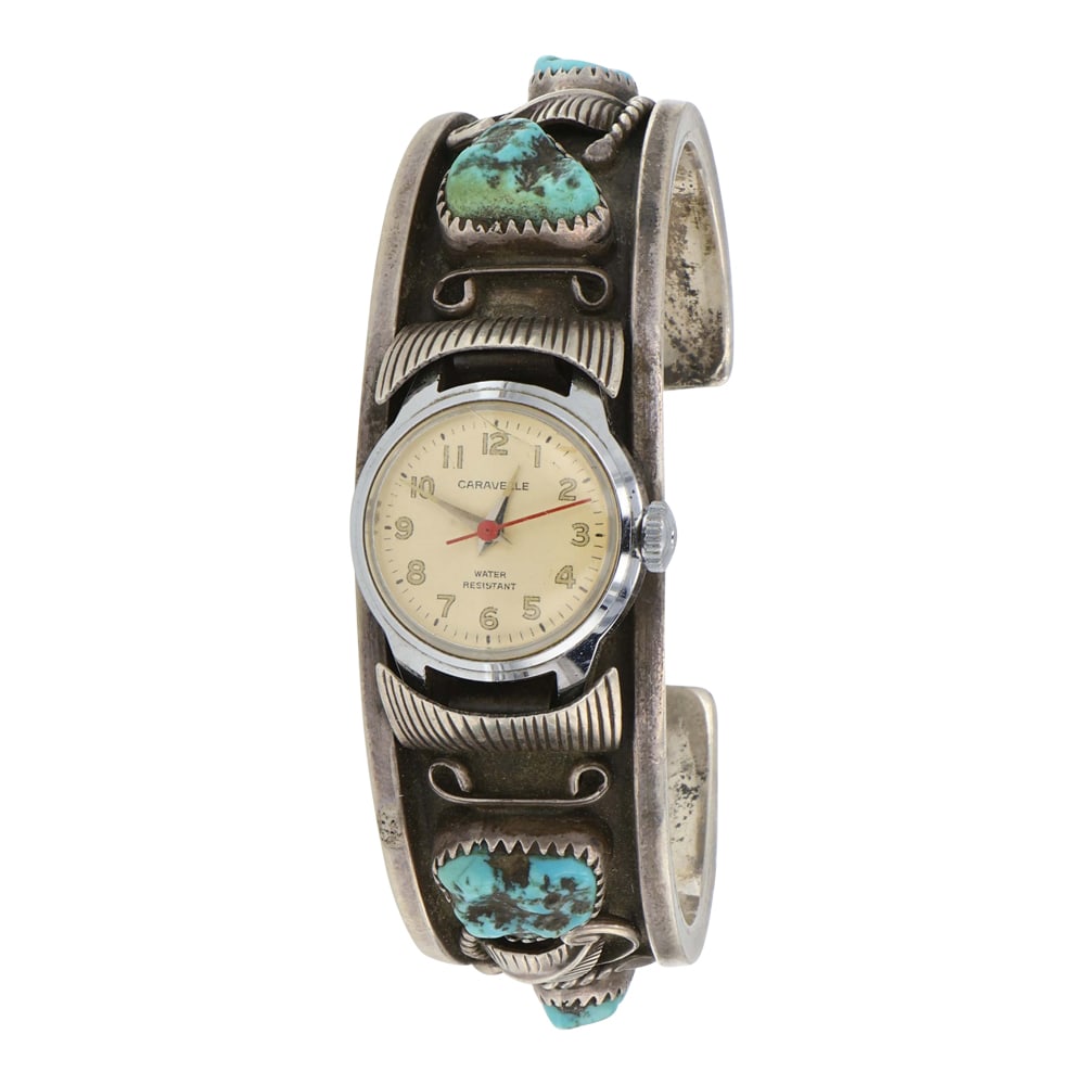 Harry Williams Vintage Navajo Turquoise Watch Bracelet: Sterling Silver | Genuine Kingman Turquoise | Harry Williams Vintage Navajo Turquoise Watch Bracelet | Navajo Native American Southwest Indian Jewelry | Good (no breaks or damages) | Approximate Weigh