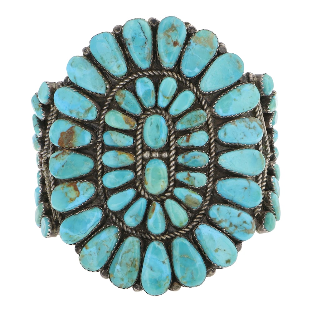 Vintage Navjao Kingman Turquoise Cluster Bracelet: Sterling Silver | Genuine Kingman Turquoise | Vintage Navjao Kingman Turquoise Cluster Bracelet | Navajo Native American Southwest Indian Jewelry | Good (no breaks or damages) | Approximate Weight: 75