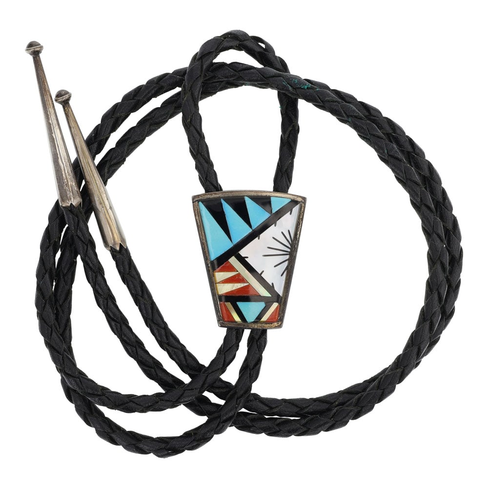 Zuni Turquoise Coral Mother of Pearl & Acoma Jet Inlay Bolo Tie: Sterling Silver | Genuine Turquoise & Coral, Mother of Pearl & Acoma Jet | Zuni Turquoise Coral Mother of Pearl & Acoma Jet Inlay Bolo Tie | Zuni Native American Southwest Indian Jewelry | Good (no br