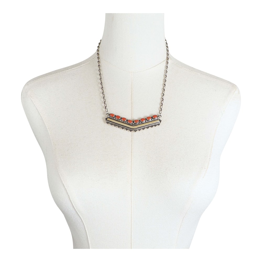 Delbert Delgarito Navajo 14K Gold & Sterling Silver Mediterranean Coral Bar Necklace: Sterling Silver & 14K Gold | Genuine Mediterranean Coral | Delbert Delgarito Navajo 14K Gold & Sterling Silver Mediterranean Coral Bar Necklace | Navajo Native American Southwest Indian Jewelry | Good