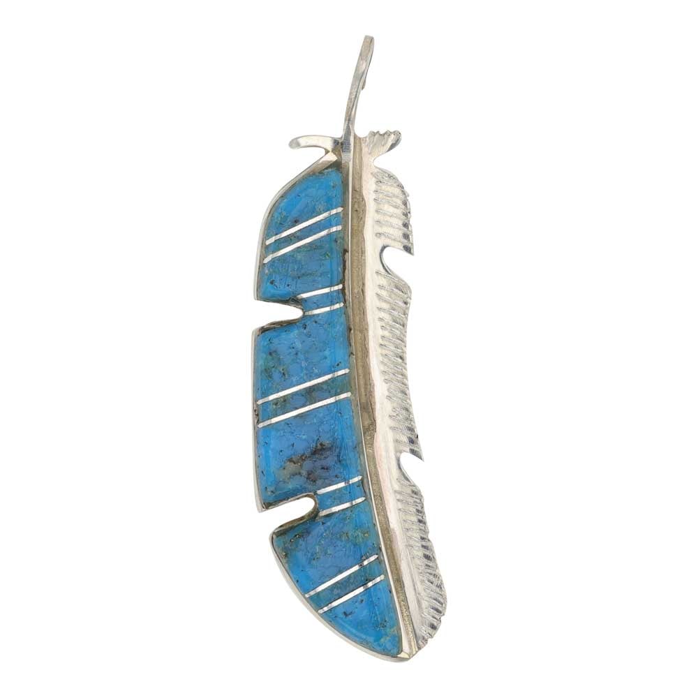 Tyrie Panteah Zuni Campitos Turquoise Inlay Feather Pendant: Sterling Silver | Genuine Campitos Turquoise | Tyrie Panteah Zuni Campitos Turquoise Inlay Feather Pendant | Zuni Native American Southwest Indian Jewelry | Good (no breaks or damages) | Approximate W