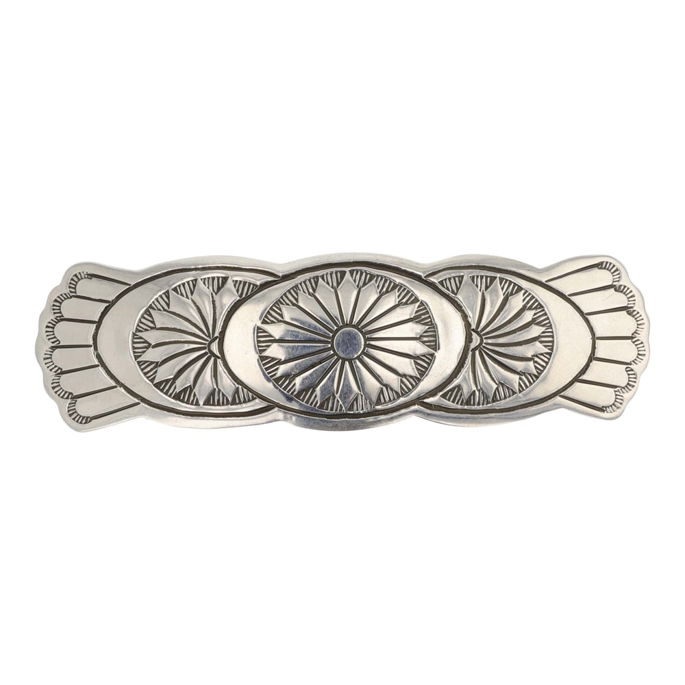 Navajo Stamp-Work Hair Barrette: Sterling Silver | | Navajo Stamp-Work Hair Barrette | Navajo Native American Southwest Indian Jewelry | Good (no breaks or damages) | Approximate Weight: 18 Grams | Hair Clip: 3.25" x 1" |