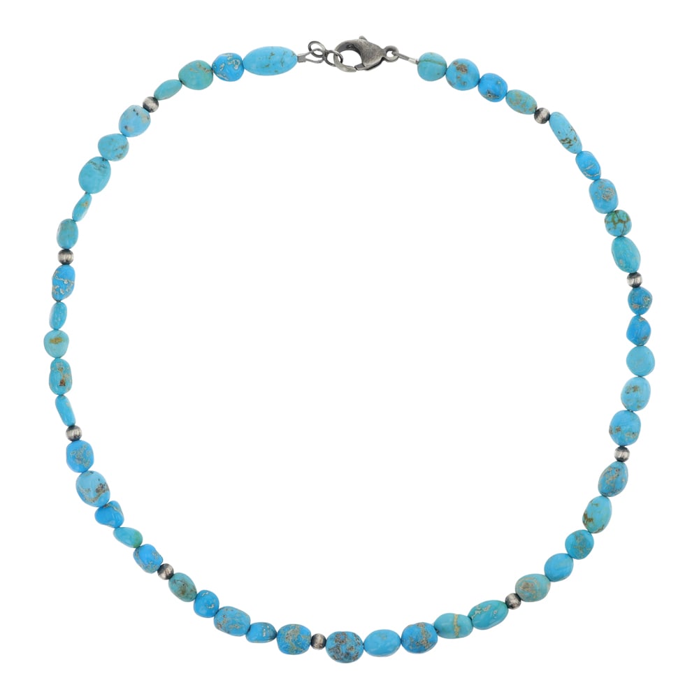 Navajo Kingman Turquoise & Oxidized Beads Neckalce: Sterling Silver | Genuine Kingman Turquoise | Navajo Kingman Turquoise & Oxidized Beads Neckalce | Navajo Native American Southwest Indian Jewelry | Good (no breaks or damages) | Approximate Weight: 2